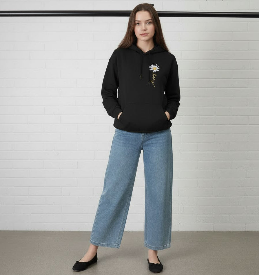 BLACK HOODIE FLOWER - SKY BLUE WIDE LEG JEANS
