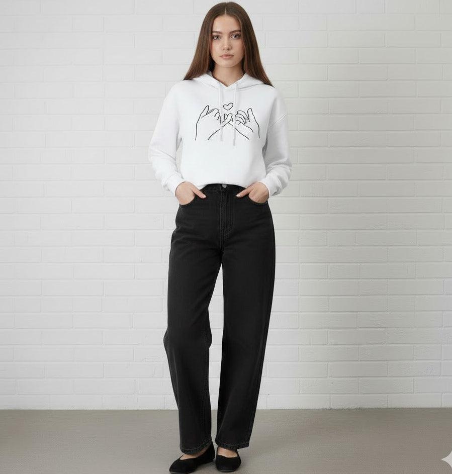 WHITE HOODIE PROMISE - BLACK WIDE LEG JEANS