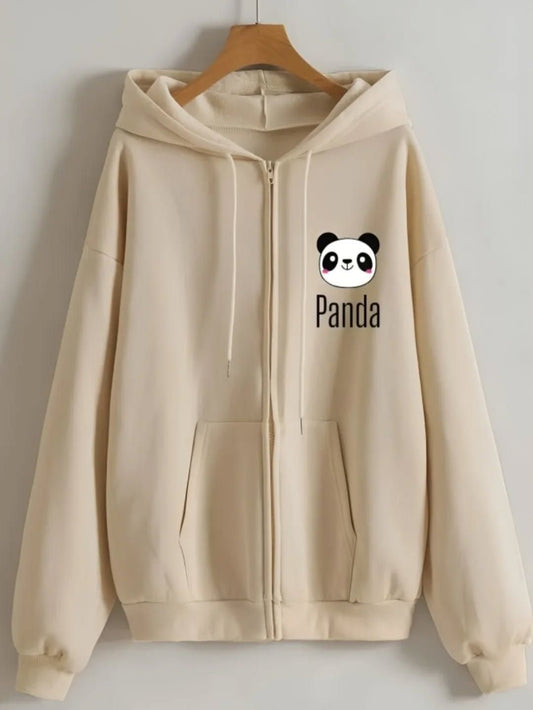 BEIGE ZIPPER HOODIE PANDA