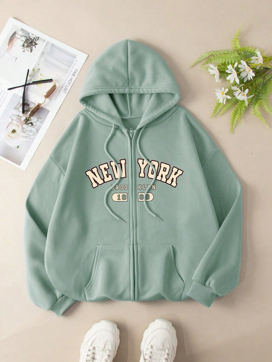 LIGHT GREEN ZIPPER HOODIE NEW YORK