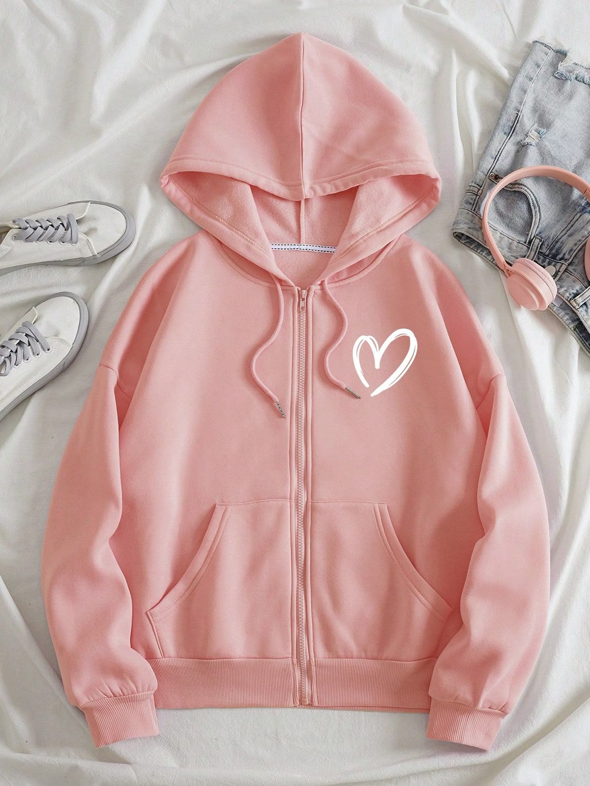 BABY PINK ZIPPER HOODIE POC HEART