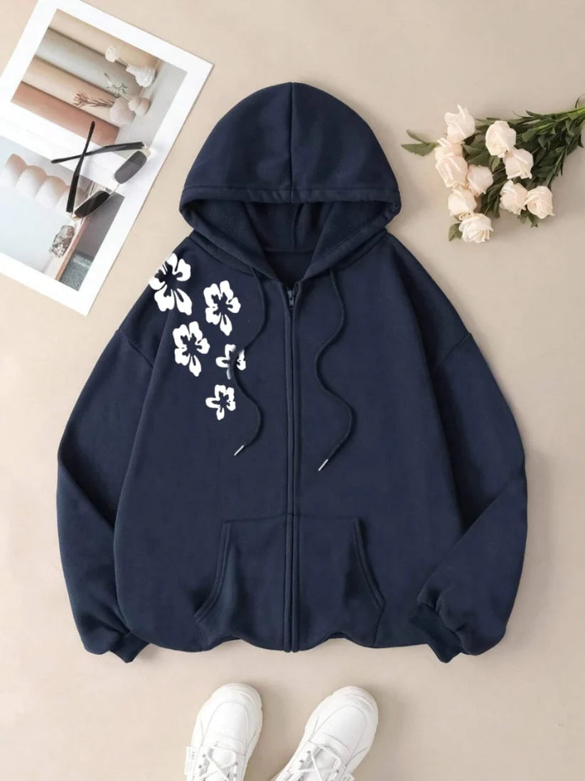 NAVY ZIPPER HOODIE SHOULDER FLOWERS