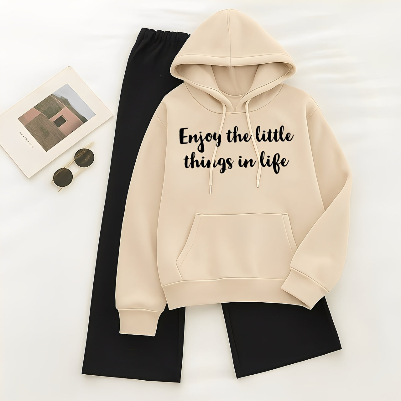 BEIGE HOODIE ENJOY THE LITTLE THINGS IN LIFE - BLACK FLAPPER