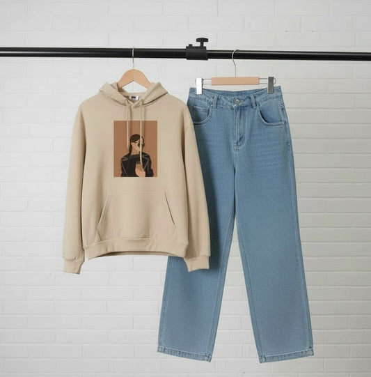 BEIGE HOODIE COFFE GIRL - SKY BLUE JEANS