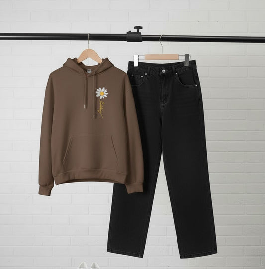 BROWN HOODIE FLOWER - BLACK WIDE LEG JEANS