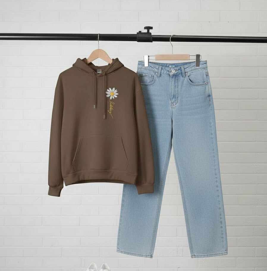 BROWN HOODIE FLOWER - SKY BLUE WIDE LEG JEANS