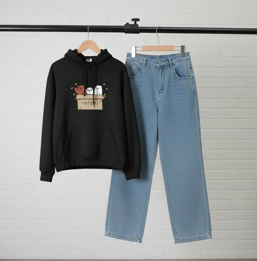 BLACK HOODIE FREE BEAR - SKY BLUE WIDE LEG JEANS