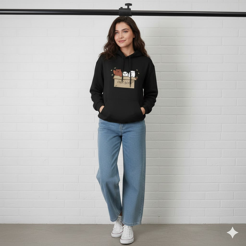 BLACK HOODIE FREE BEAR - SKY BLUE WIDE LEG JEANS