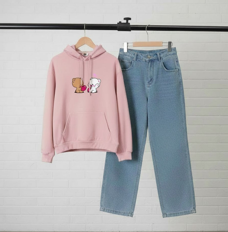 PINK HOODIE PAIRS - SKY BLUE WIDE LEG JEANS