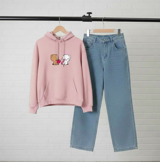PINK HOODIE PAIRS - SKY BLUE WIDE LEG JEANS