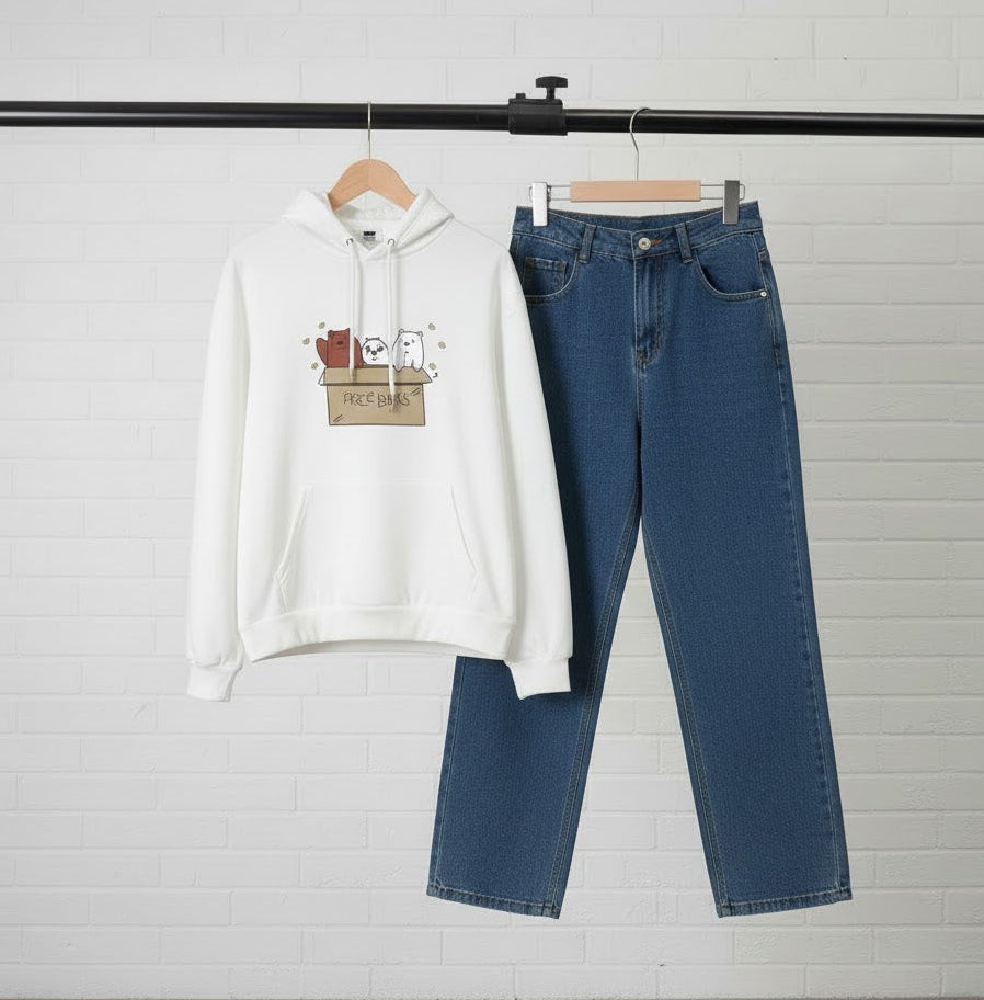 WHITE HOODIE FREE BEAR - DARK BLUE WIDE LEG JEANS