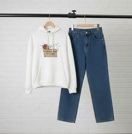 WHITE HOODIE FREE BEAR - DARK BLUE WIDE LEG JEANS