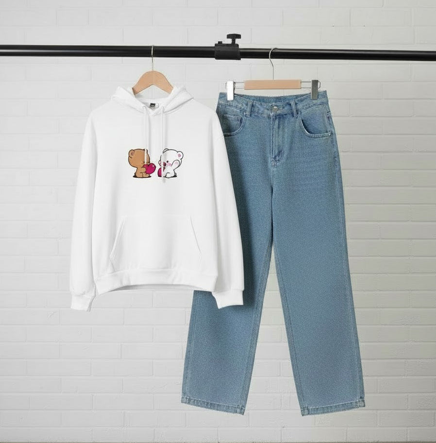 WHITE HOODIE PAIR - SKY BLUE WIDE LEG JEANS