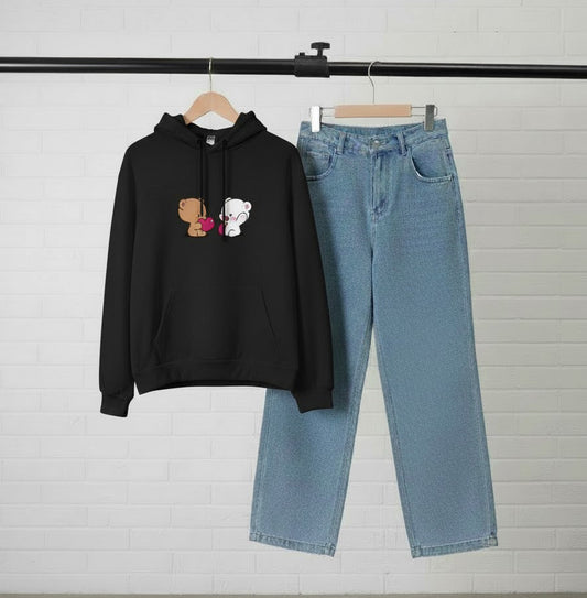 BLACK HOODIE PAIR - SKY BLUE WIDE LEG JEANS