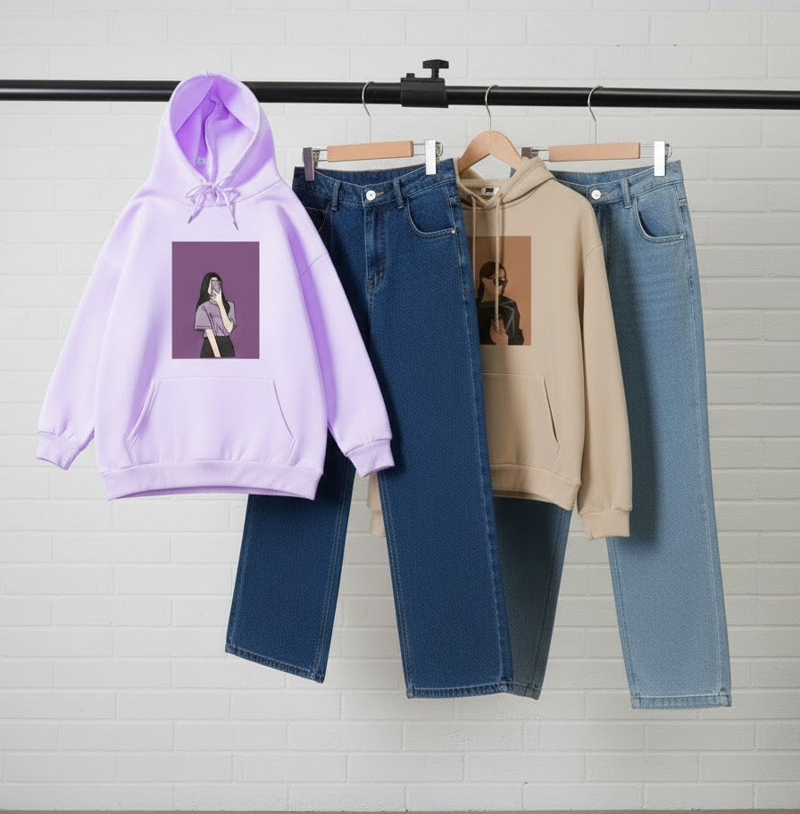 LELIC HOODIE SELFI GIRL BEIGE HOODIE COFFE GIRL - DARK BLUE SKY BLUE WIDE LEG JEANS