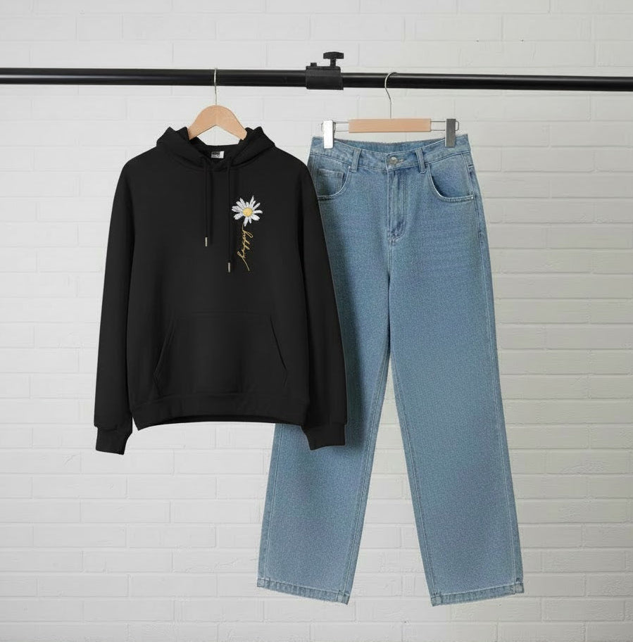 BLACK HOODIE FLOWER - SKY BLUE WIDE LEG JEANS
