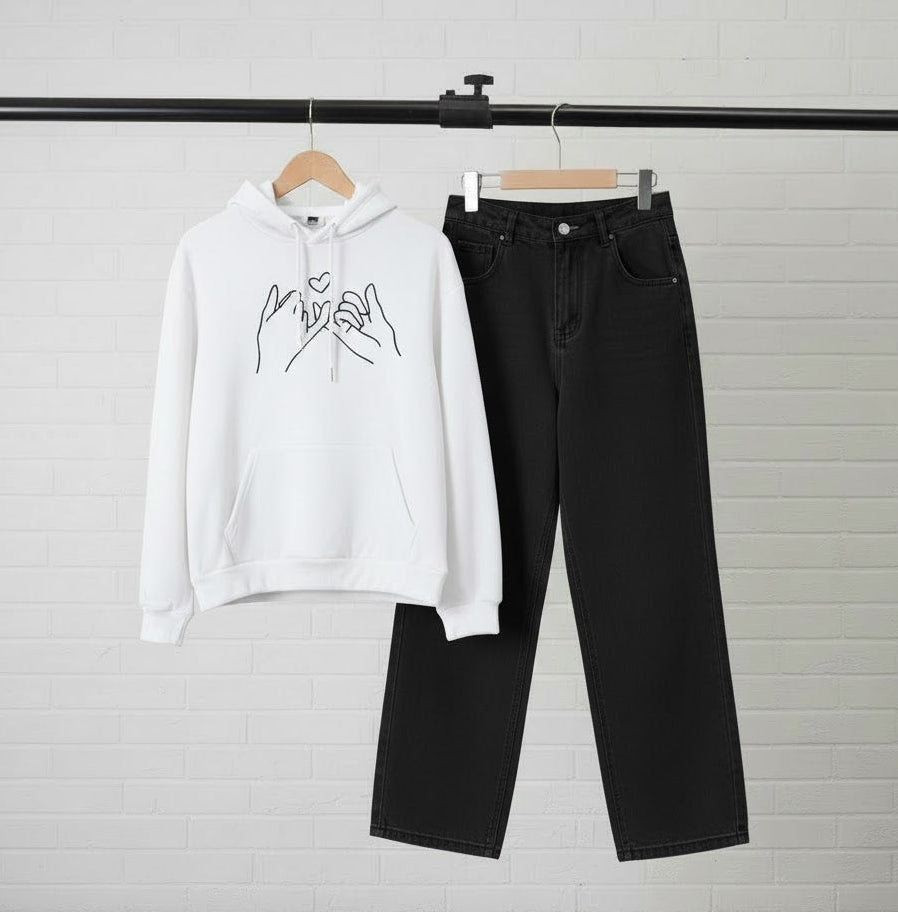 WHITE HOODIE PROMISE - BLACK WIDE LEG JEANS