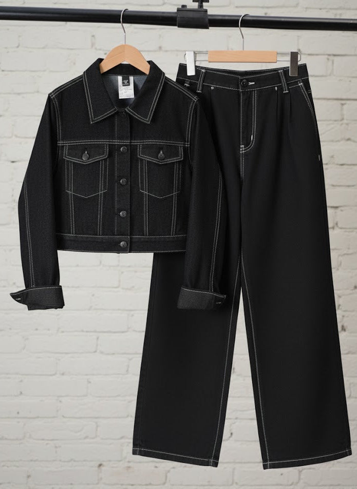 BLACK CROP DENIM JACKET - BLACK WIDE LEG JEANS