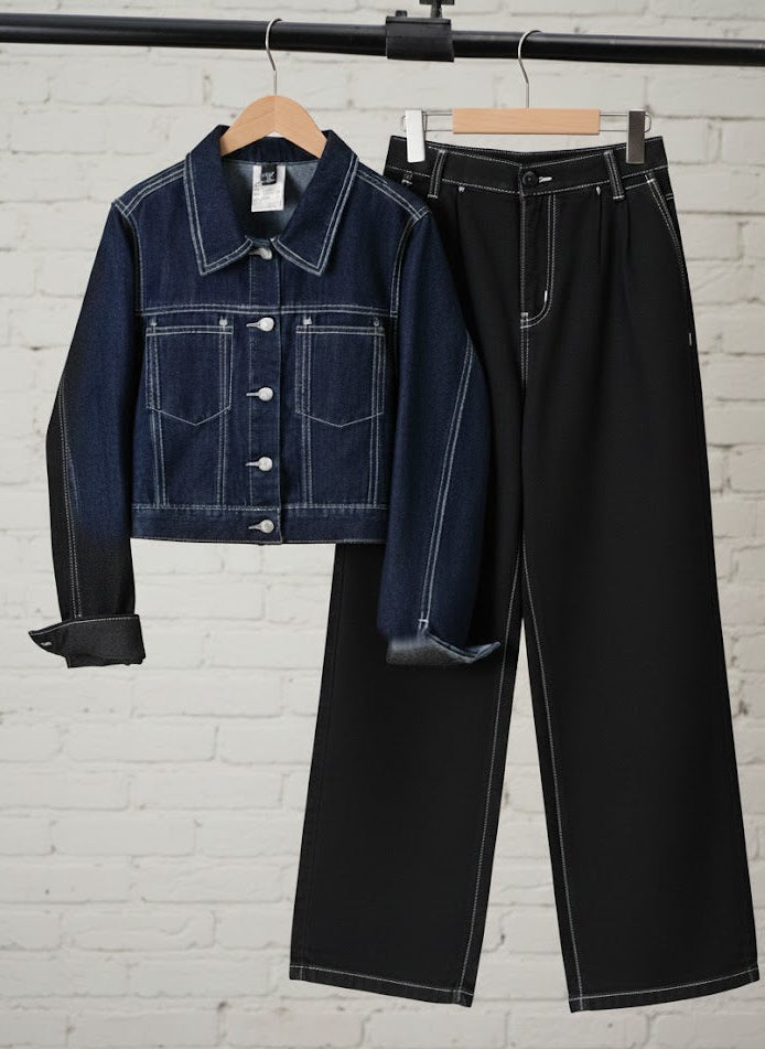 MID BLUE CROP DENIM JACKET - MID BLUE WIDE JEANS