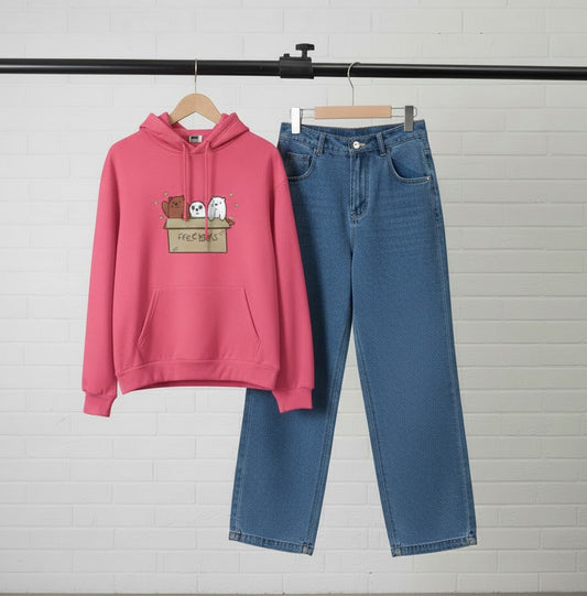 PINK HOODIE FREE BEAR - DARK BLUE WIDE LEG JEANS