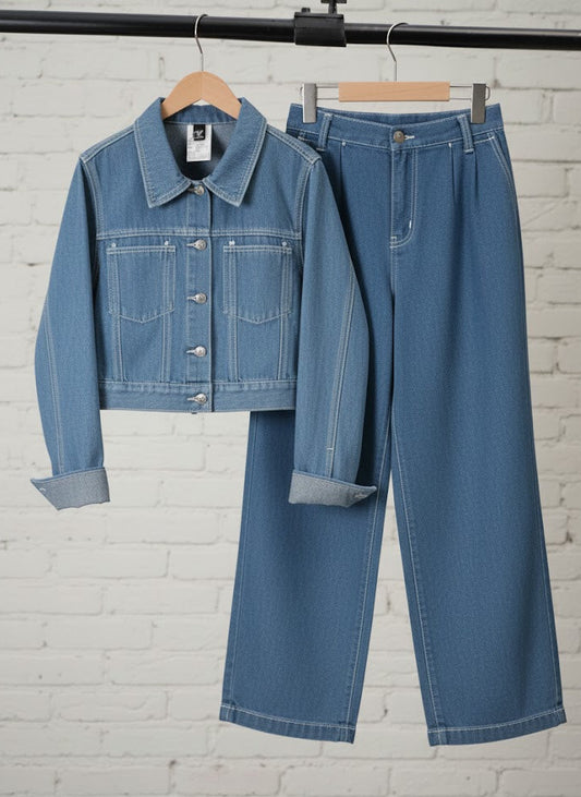 SKY BLUE DENIM JACKET - SKY BLUE WIDE LEG JEANS