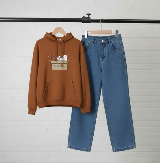 BROWN HOODIE FREE BEAR - DARK BLUE WIDE LEG JEANS