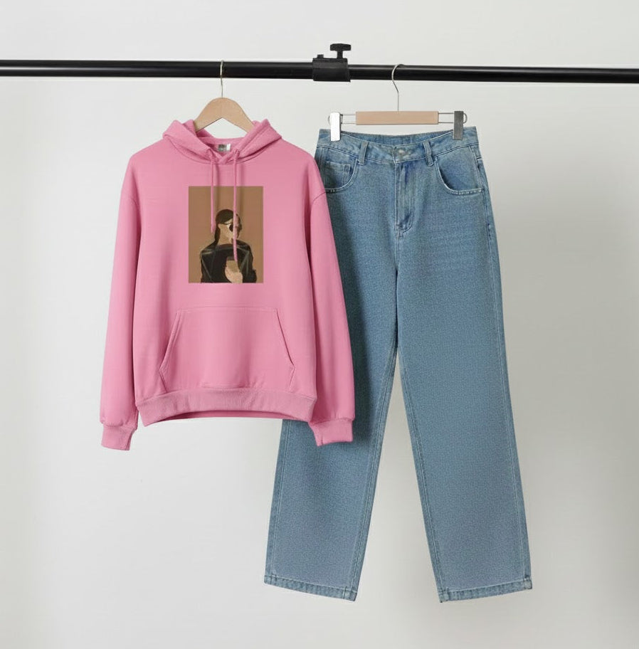 PINK HOODIE COFFE GIRL - SKY BLUE WIDE LEG JEANS