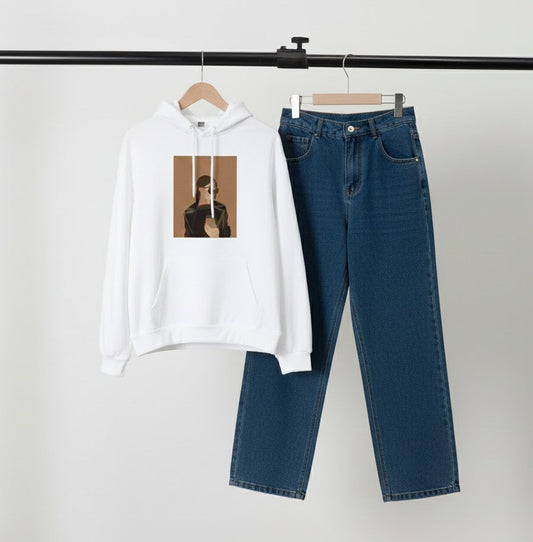 WHITE HOODIE COFFE GIRL - DARK BLUE WIDE LEG JEANS