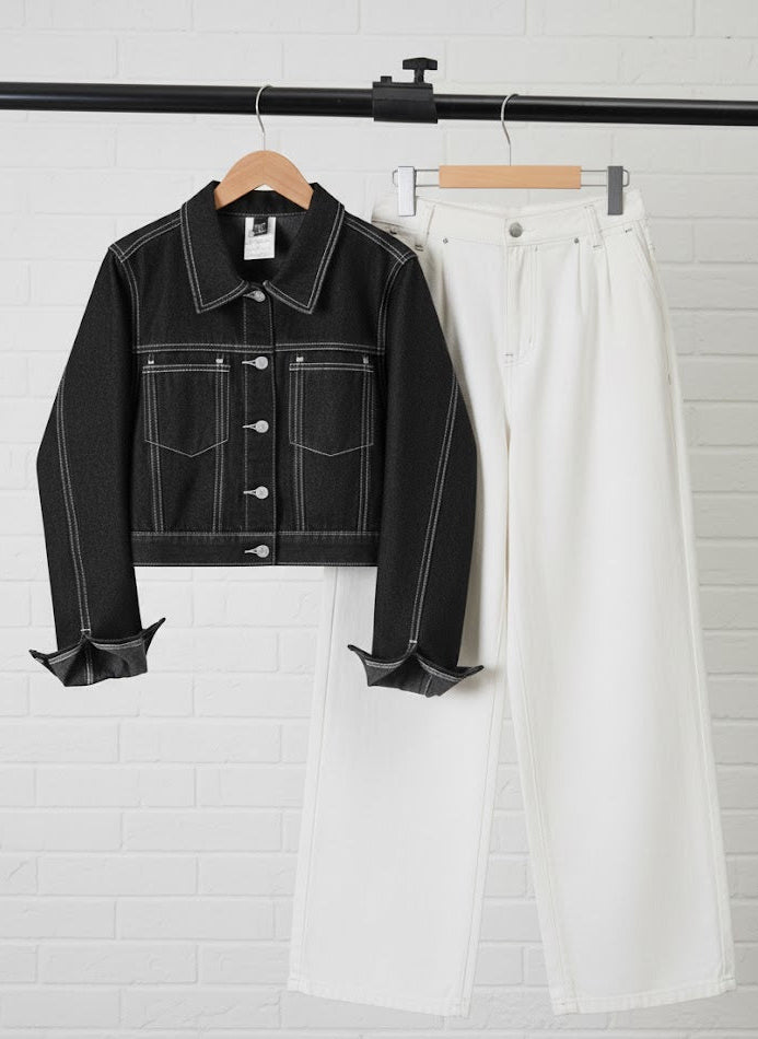 BLACK CROP DENIM JACKET - WHITE WIDE LEG JEANS