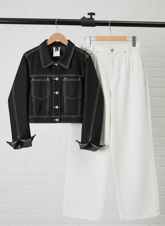 BLACK CROP DENIM JACKET - WHITE WIDE LEG JEANS