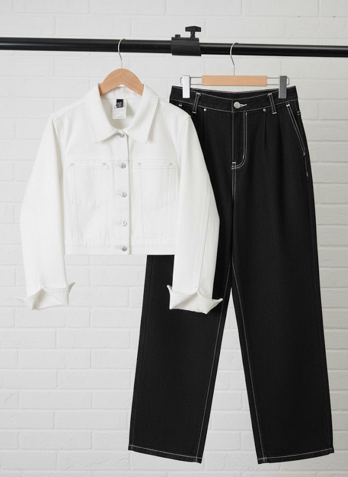 WHITE CROP DENIM JACKET - BLACK WIDE LEG JEAN