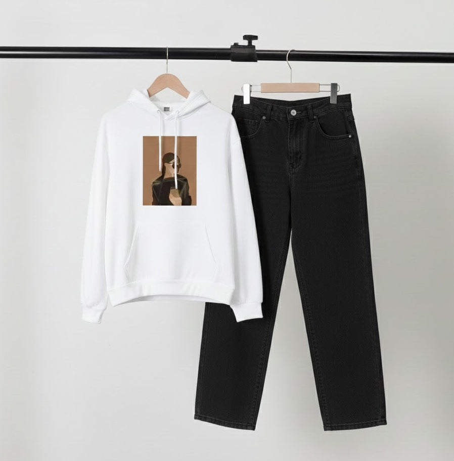 WHITE HOODIE COFFE GIRL - BLACK WIDE LEG JEANS