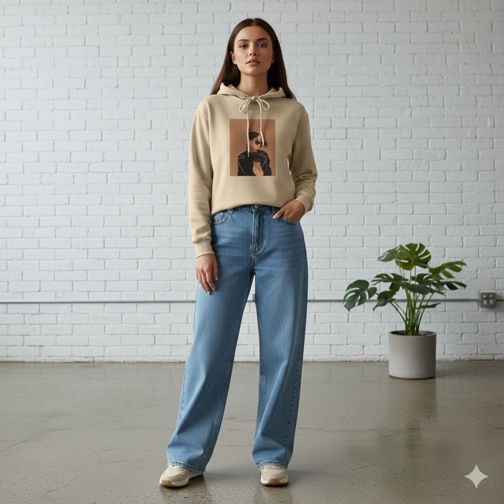 LELIC HOODIE SELFI GIRL BEIGE HOODIE COFFE GIRL - DARK BLUE SKY BLUE WIDE LEG JEANS